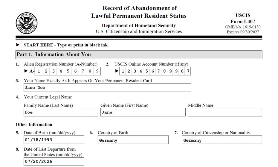 How to complete form i-407 example